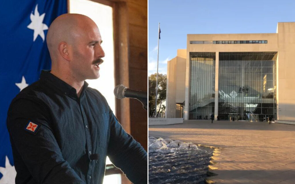 Split-image: left panel shows a bald man with a mustache speaking into a microphone at a podium, blue flag with white stars in the background; right panel shows a modern glass-front building with a wide entrance and flagpole, exterior plaza in sunlight.