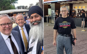 Two-panel image: left shows three men in suits smiling for a selfie at an outdoor event with a crowd in the background; right shows a man in a black 'Treaty for Victoria' t-shirt standing in a indoor venue near a ticket counter.