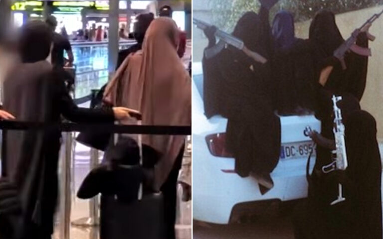 Two-panel collage: left—women in abayas in a queue at an airport; right—masked figures in black with rifles beside a white car.