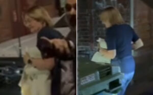 Two-frame image: a blonde woman in a dark shirt by a car in a dim parking area, touching a light-colored object; the second frame shows her at a paper desk or copier handling documents.