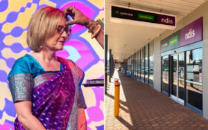Two-panel collage: left shows a woman in a blue and purple sari adjusting her hair in front of a bright mural; right shows a row of storefronts with Centrelink, Medicare and NDIS signs.