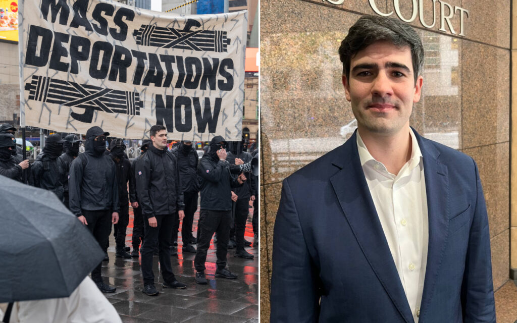 Left: masked protesters carrying a banner that reads 'Mass Deportations Now'; right: man in a blue suit outside a courthouse.