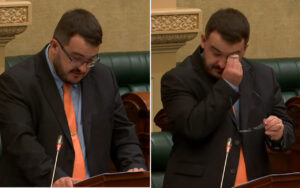 Man in a dark suit and orange tie stands at a wooden lectern with a microphone in a formal chamber, looking down as he speaks.