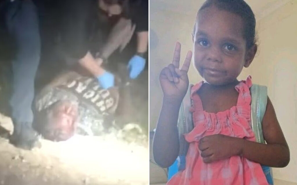Split image: left side shows a person lying on the ground, wearing dark clothing; right side shows a smiling young girl in a pink dress making a peace sign with her fingers and wearing a backpack.