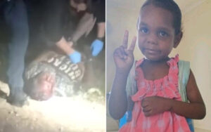 Split image: left side shows a person lying on the ground, wearing dark clothing; right side shows a smiling young girl in a pink dress making a peace sign with her fingers and wearing a backpack.