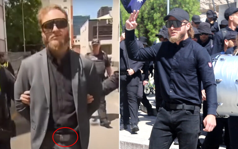 Split-screen: on the left a man in a gray blazer and sunglasses with a circled belt area; on the right a man in black tactical clothing raising a peace sign, crowd in background.
