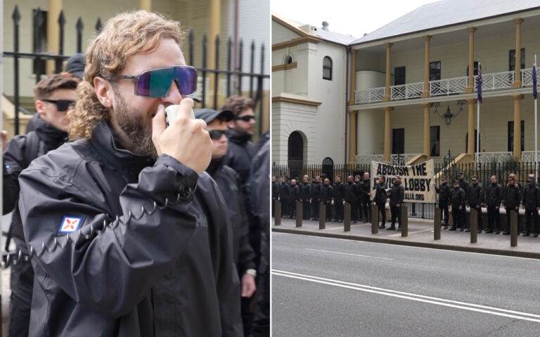 Left: man with curly hair and sunglasses speaking into a handheld radio, wearing a black jacket. Right: line of people in black coats outside a white building, holding a banner that reads 'ABOLISH THE LOBBY'.