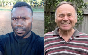 Side-by-side photos of two men: a serious-looking Black man in a black shirt on the left, and a smiling older man in a striped polo on the right, outdoors.