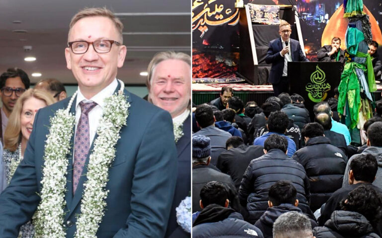 Composite image: left shows a man in a suit wearing a white flower garland at an indoor ceremony; right shows a speaker in a suit addressing a large seated crowd at a decorated stage.