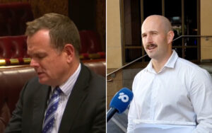 Split image: left a man in a dark suit and striped tie seated indoors, right a bald man in a white shirt outside speaking into a blue news microphone while holding papers.
