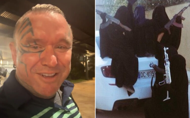 Left: smiling man with blue tribal-style face tattoos in a dimly lit indoor area. Right: group of people in black hoods around a white car, some holding weapons.