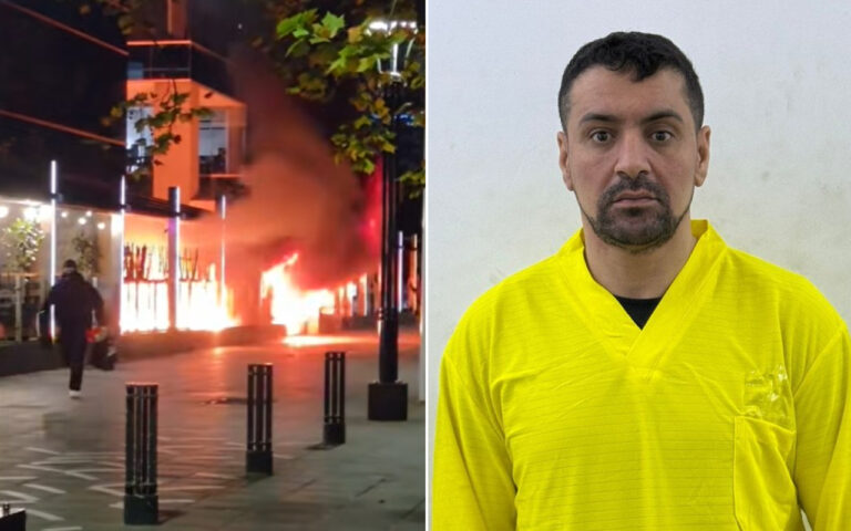 Two-panel image: left shows a nighttime street fire with a person running away; right shows a man in a bright yellow prison/jail uniform facing the camera.