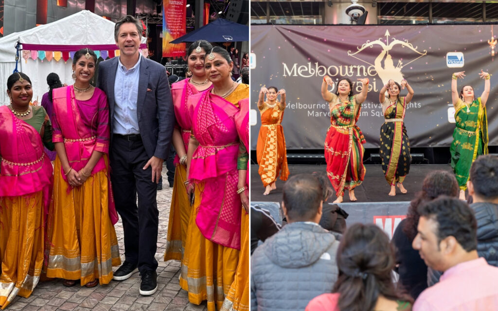 Two-panel festival scene: left shows a man in a suit posing with five women in bright pink and orange Indian attire; right shows dancers in colorful saris performing on a stage.