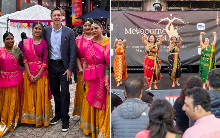 Two-panel festival scene: left shows a man in a suit posing with five women in bright pink and orange Indian attire; right shows dancers in colorful saris performing on a stage.