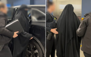 Two-panel scene: a woman in a black abaya entering a dark SUV with a man carrying a laptop beside her (informational).