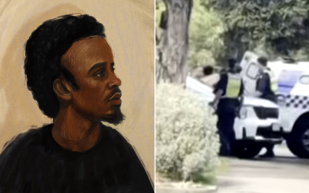 Left: digital painting of a man in profile with an afro and goatee, wearing a black shirt. Right: blurred street scene with a police SUV and officers nearby.