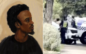 Left: digital painting of a man in profile with an afro and goatee, wearing a black shirt. Right: blurred street scene with a police SUV and officers nearby.
