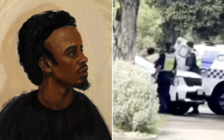 Left: digital painting of a man in profile with an afro and goatee, wearing a black shirt. Right: blurred street scene with a police SUV and officers nearby.