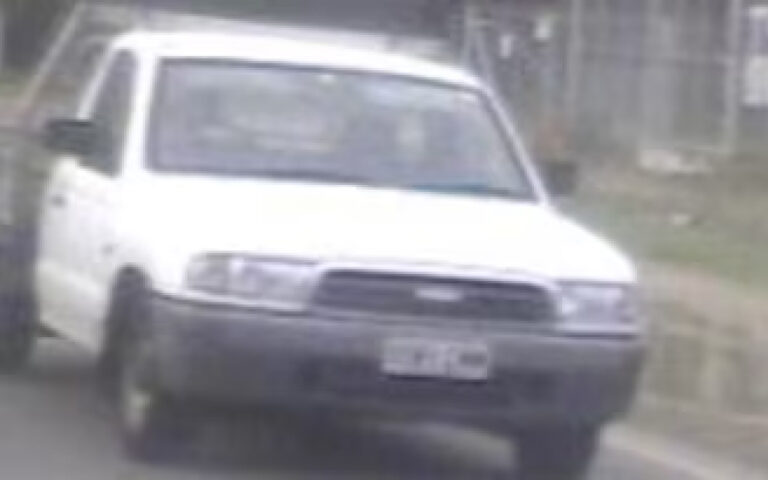 White pickup truck driving toward the camera on a rural road, front view, slightly blurred.