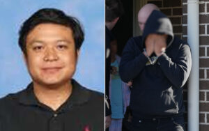 Two-panel image: left side shows a man with short dark hair in a black shirt against a blue background; right side shows a person in a dark hoodie covering their face with their hands near a brick wall and doorway, suggesting distress or concealment.