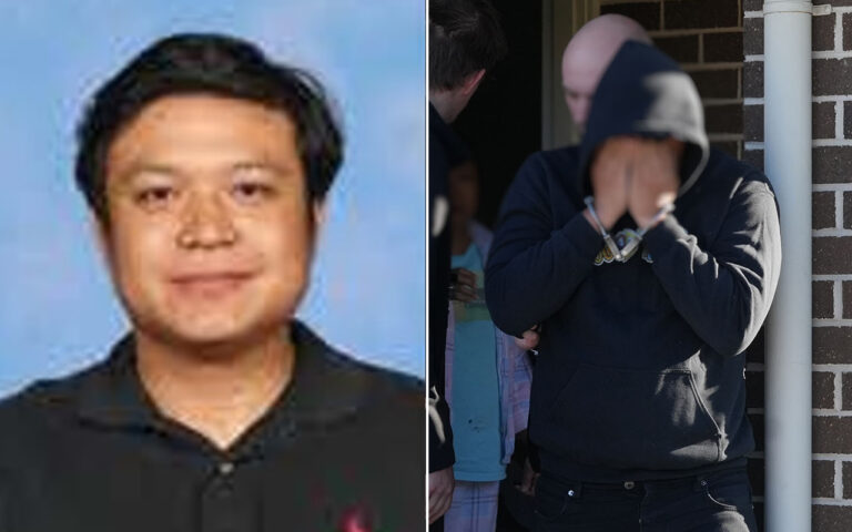 Two-panel image: left side shows a man with short dark hair in a black shirt against a blue background; right side shows a person in a dark hoodie covering their face with their hands near a brick wall and doorway, suggesting distress or concealment.