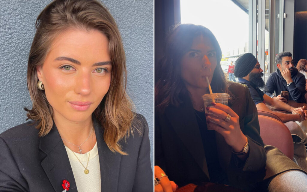 Two-panel image: left is a close-up portrait of a woman in a blazer with short brown hair and gold jewelry; right shows another woman in a blazer sipping a cold drink through a straw in a cafe with seated patrons in the background.