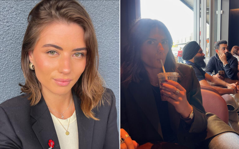 Two-panel image: left is a close-up portrait of a woman in a blazer with short brown hair and gold jewelry; right shows another woman in a blazer sipping a cold drink through a straw in a cafe with seated patrons in the background.