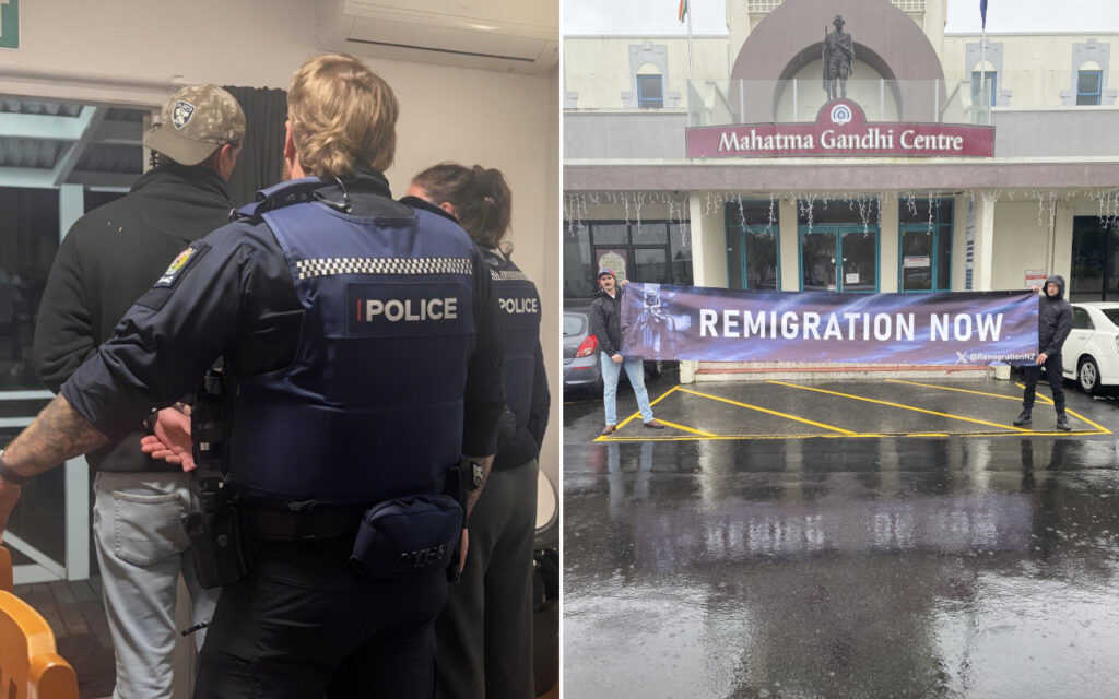 Left: police officers in tactical gear escorting a man indoors, back view. Right: two protesters outside the Mahatma Gandhi Centre holding a banner that reads 'REMIGRATION NOW' in wet weather.
