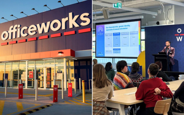 Split image: left shows a blue Officeworks storefront with large white letters and red accents; right shows an indoor seminar with a speaker at a podium and a projector screen