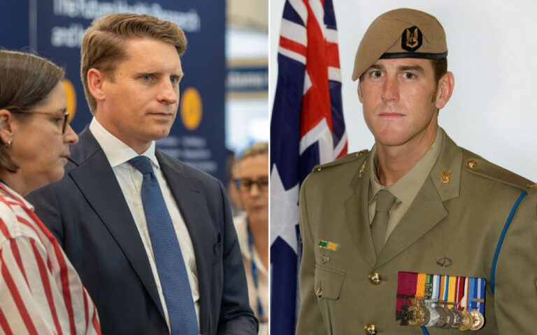 Left side shows a man in a dark suit and a woman in striped clothing in conversation at a formal event; right side shows an Australian Army officer in dress uniform with medals, standing beside a flag.