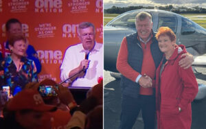 Collage of two images: left shows a man speaking at a political rally with supporters and an orange backdrop reading 'We're stronger as one'; right shows a man and woman smiling and shaking hands in front of a small aircraft outdoors.