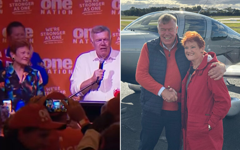 Collage of two images: left shows a man speaking at a political rally with supporters and an orange backdrop reading 'We're stronger as one'; right shows a man and woman smiling and shaking hands in front of a small aircraft outdoors.