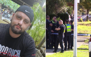 Split image: left shows a bearded man wearing a black cap and shirt at an outdoor cafe; right shows police officers near taped-off scene on a street.