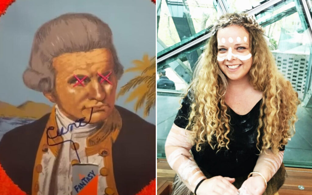 Split image: left panel shows a stylized 18th-century portrait with red Xs over the eyes and a 'Fantasy' cup; right panel shows a smiling woman with white face paint dots, long curly hair, in a glass atrium.