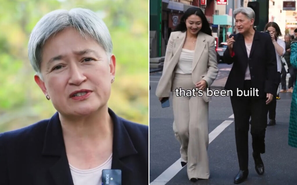 Split image: left a close-up of an older woman with short gray hair speaking outdoors; right two women in business attire walking on a city street, with the caption "that's been built"