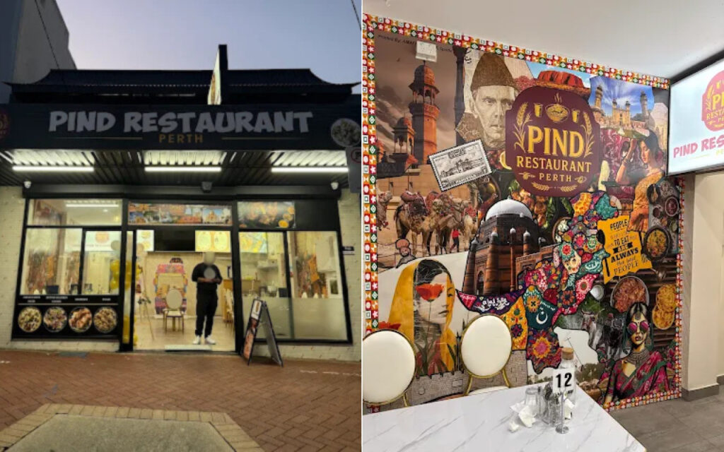 Front of Pind Restaurant in Perth with glass doors and illuminated sign.