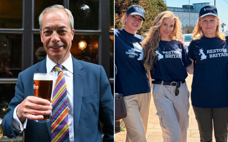 Man in a blue suit holds a beer at a pub; on the right, three women in navy 'Restore Britain' shirts pose outdoors.