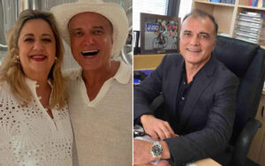 Left: a smiling couple in white clothing posing for a selfie, the woman with blonde hair and the man wearing a light knit and a white hat. Right: a smiling man in a dark blazer sitting at an office desk with a framed cycling photo in the background.