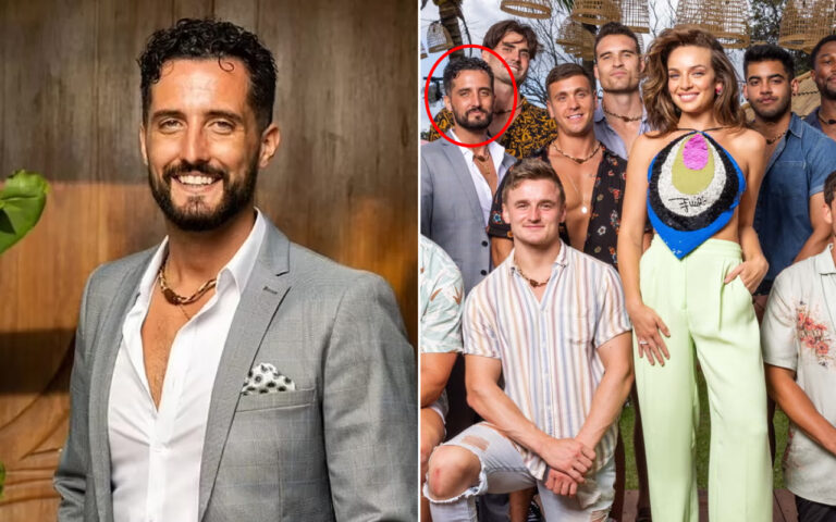 Smiling man in a light gray suit on the left; on the right, a group of models with a bearded man circled in red.