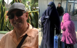 Smiling man wearing a gray cap and sunglasses, peach shirt, outdoors among plants.