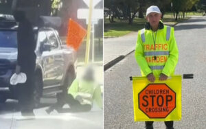 Two-panel scene: left shows a person in a bright jacket kneeling beside a parked car at a crosswalk; right shows a traffic warden in a neon jacket holding a 'CHILDREN STOP CROSSING' sign.