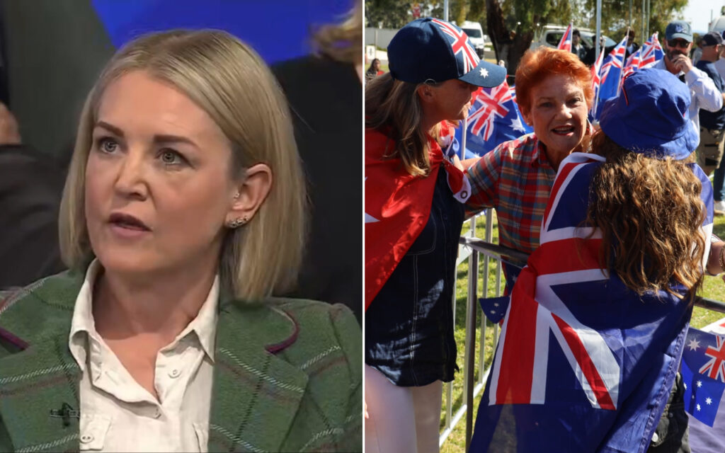 Woman in a green plaid blazer speaks in a studio interview on the left; on the right, a crowd at a political rally with Union Jack flags and flag-wrapped attendees.