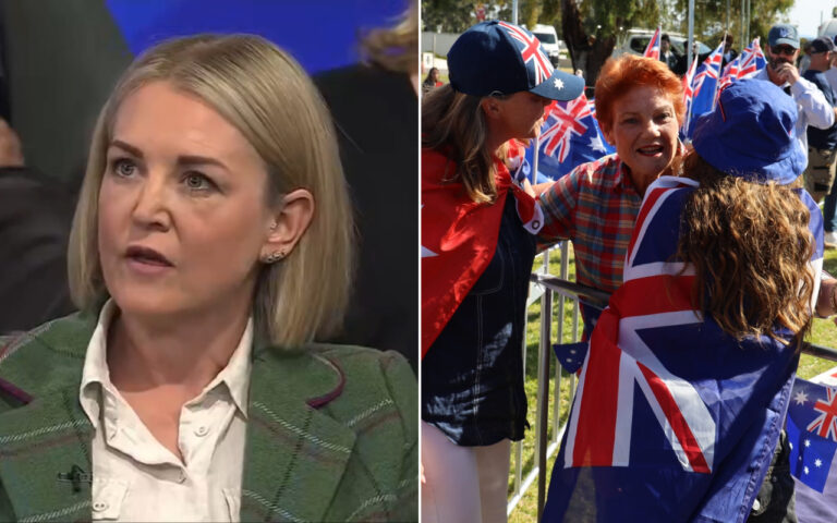 Woman in a green plaid blazer speaks in a studio interview on the left; on the right, a crowd at a political rally with Union Jack flags and flag-wrapped attendees.