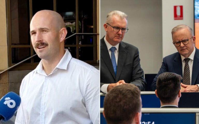 Man with a shaved head and mustache being interviewed outdoors on the left; a blue microphone is visible. On the right, two suited executives sit at a conference table addressing an audience.