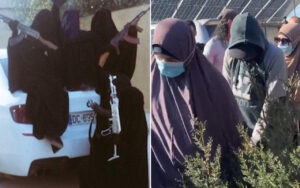 Group of people in dark robes holding rifles around a white SUV; license plate visible on the back.