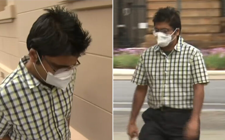 Man wearing a plaid short-sleeve shirt and white mask, walking outdoors, shown from two angles in two panels.