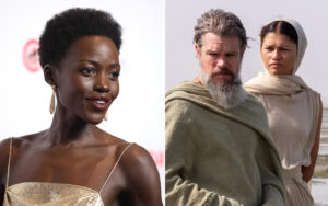 Two people side by side: on the left a Black woman in a gold evening dress and drop earrings at a formal event; on the right a bearded man in a beige shawl and a woman in a light headscarf outdoors.