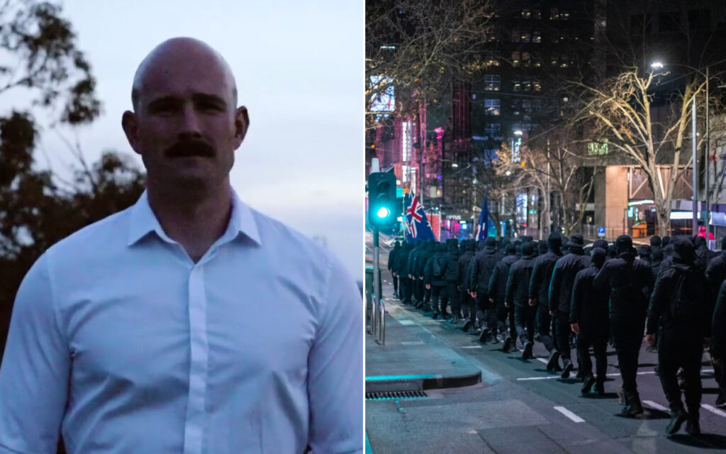 Split image: left shows a bald man with a mustache in a white shirt outdoors, right shows a line of uniformed, black-clad figures marching in a city street at night.