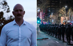 Split image: left shows a bald man with a mustache in a white shirt outdoors, right shows a line of uniformed, black-clad figures marching in a city street at night.