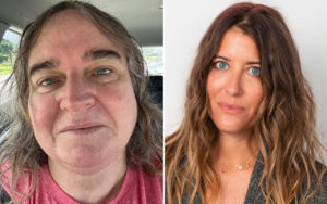 Before-and-after portrait: left shows a woman in a car with natural makeup, pink shirt; right shows the same woman with styled hair and makeup against a neutral background, suggesting a makeover transformation.